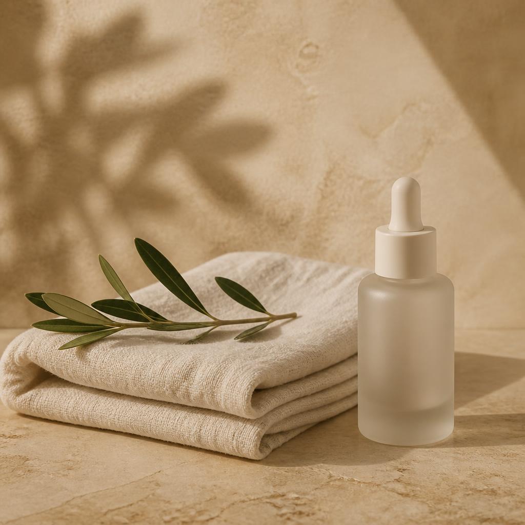 Folded linen towel, olive sprig and frosted skincare bottle